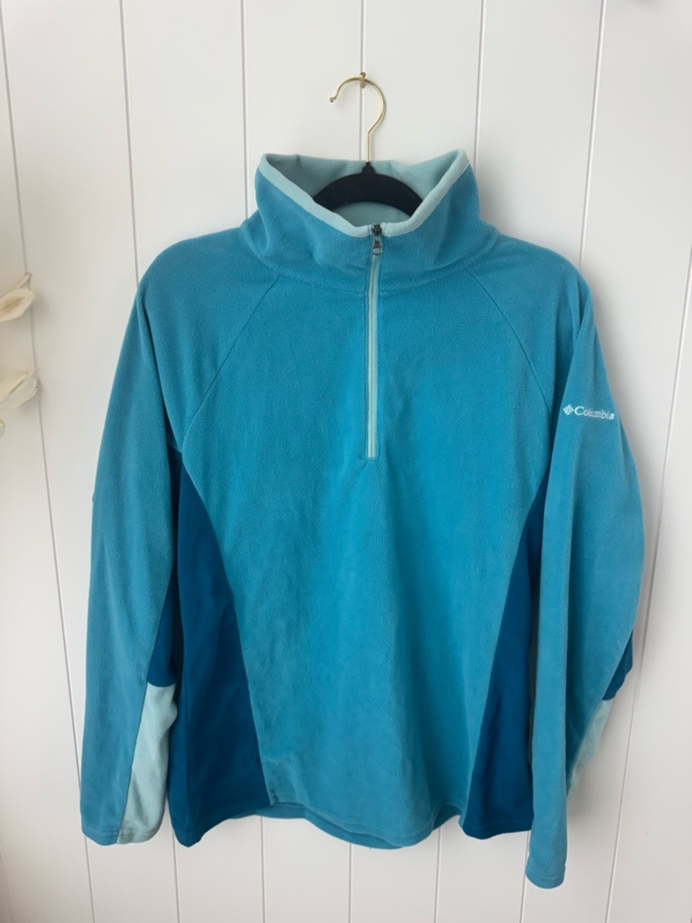 Columbia Women's Blue 1/4 Zip Fleece Sweatshirt Logo Colorblock L Outdoor Active